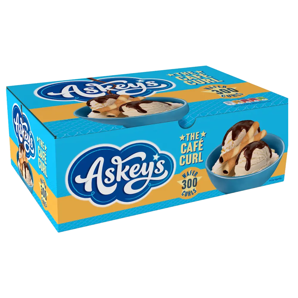 A case of Askeys The Café Curl wafer curls, containing 300 curls.