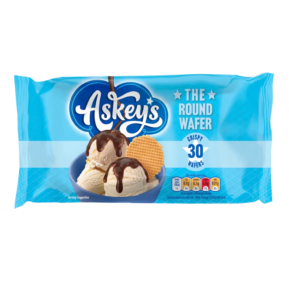 A pack of Askeys The Round Wafer, containing 30 crispy round wafers.